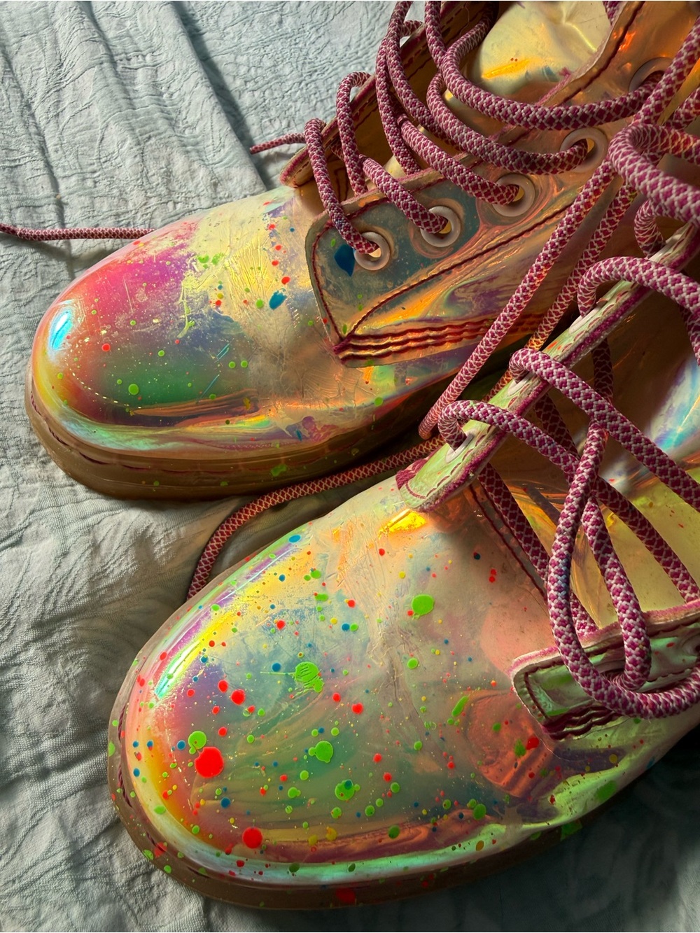 Festy Besty Holographic Pink Combat Festival Boots Rainbow Paint Splatter Size 9 - Picture 4 of 7